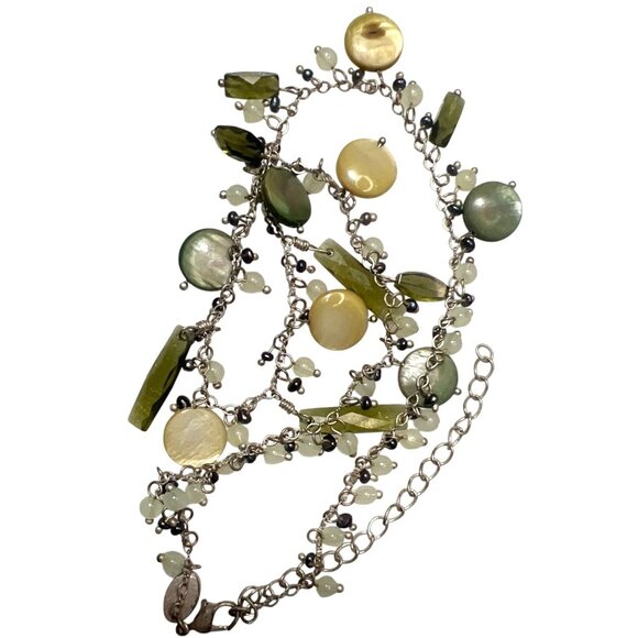Bohemian Silver Tone Multicolor Bead Necklace Lia Sophia Green Yellow MOP Glass - Picture 3 of 7